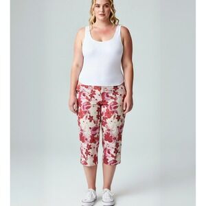 Avenue Plus Size 24 Red Pink Floral Stretch Cotton Capri Crop Pants Side Slit
